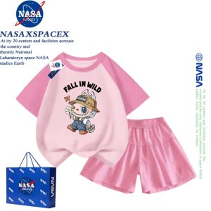 NASA Collaborative American Cartoon Pure Cotton Childrens Short Sleeve Skirt Shorts Set for Girls Lightweight Summer Outfit
