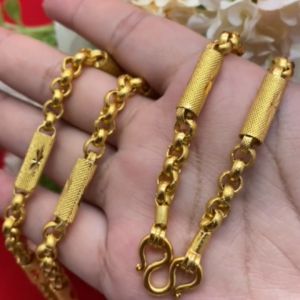 สร้อยคอทองลายห่วงกลมคั่นปล้องตัดลาย ความยาว 24 นิ้ว เทียบเท่า 3 บาท ชุบทอง ใส่แทนของจริงได้ ทำจากทองเหลือง ทองปลอม