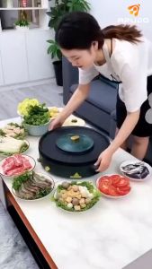 Nồi lẩu nướng tròn 2 ngăn đa năng bếp lẩu nướng đa năng 2 in 1 dễ dàng vệ sinh phù hợp 5-7 người ăn