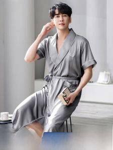 MiiOW | เสื้อคลุมนอนผ้าไหมน้ำแข็งสำหรับผู้ชาย แขนสั้นบาง แขนสั้น แขนยาว แขนยาวปานกลาง เสื้อคลุมนอนผ้าฝ้ายโพลีเอสเตอร์ ฤดูร้อน 2025