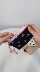 Cute Bow Makeup Bag with Zipper Large Capacity Cosmetic Bag Embroidery Bow Wash Storage Bag