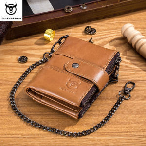BULLCAPTAIN Genuine leather mens wallet coin purse compact mini card holder rfid blocking wallets chain combination wallets