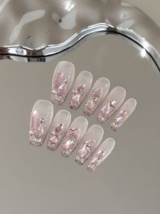 Long Nail Tips Fake Nails Pink with Small Diamond Detachable Wearable Nail Art Tools Elegant Gentle Color Series Nail Stickers