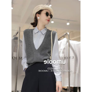 Grey Cashmere Sweater Womens V-neck Sleeveless Top Korean Style Commute Pure Color Autumn Fashion New Arrival