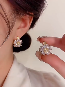 Elegant Women Two-sided Flower Buckle Opal Earrings Ear Studs Accessory