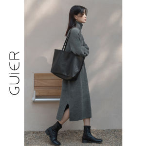 Váy Dệt Kim Cổ Cao Dài Tay Dài Mềm Mại Thoải Mái Cho Nữ Mùa Xuân 2025 Váy Dài Chữ a Màu Trơn Không Tay Áo Len