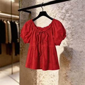 SHUAIYUE | Áo Blouse Tay Bồng Thêu Hoa Ren Đỏ Pháp Có Dây Kéo