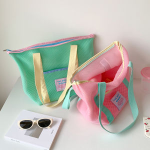 Hisocute Dopaamine Mesh Handbag Portable Beach Sand Bag Student Shoulder Bag Travel Handbag Sweet Cool Style Medium Size