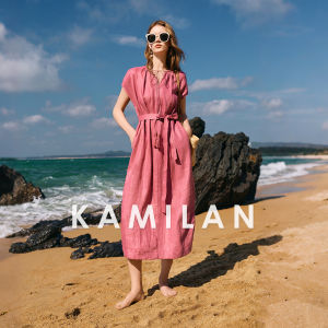 Kamilan Design Linen Short Sleeve Womens Dress Waist-Cinching A-Line Summer New Fashionable Dresses Street Style Pure Color