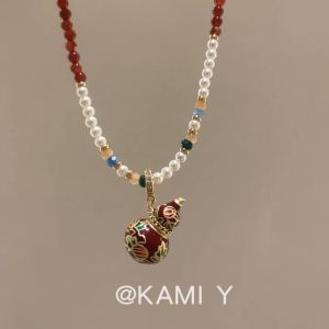 Blue Turquoise Gourd Necklace New Chinese Style Fashionable Elegant Sweater Chain Alloy Embedded Artificial Gem Geometric Pattern for Women