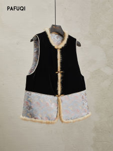 New Chinese Style Womens Vest Autumn Winter round Neck Velvet Cotton Blend High End Cotton Backless Vest National Style Fashionable