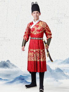 New Style Chinese Hanfu Mens Ming Dynasty Clothing Red Wedding Attendant Suit Traditional Chinese Print Polyester Fiber Summer Wear