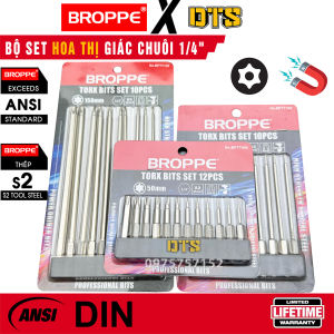 Mũi hoa thị có lỗ từ tính dài 100mm BROPPE | Mũi vít hoa thị chuôi lục giác ngắn 6.35mm nam châm trợ lực thép S2 siêu bền chân 1/4" | Bộ hoa thị nam châm mũi hoa thị lục giác lỗ