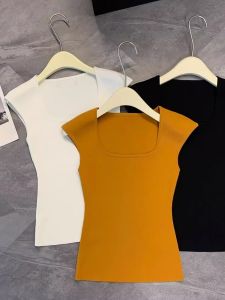 Elegant Slim Looking Sleeveless Square Collar Knitting T-shirt Tops Womens Summer New Design Sense Niche Style Pullover Bottoming Shirt