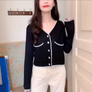 AN-3019 Long Sleeve Knitted Cardigans Cropped Slim Fit V-Neck Buttons Down W/Pockets Silk Knitted Office Blazer Summer Office Jacket