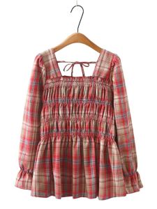 Áo Sơ Mi Kẻ Caro Cổ Vuông Tay Bồng Cỡ Lớn Thời Trang Xuân Thu Thiết Kế Pháp Thanh Lịch Dành Cho Nữ