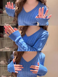 Klein Blue American Preppy V-Neck Knit Sweater Women Autumn Winter 2026 New Elegant Top