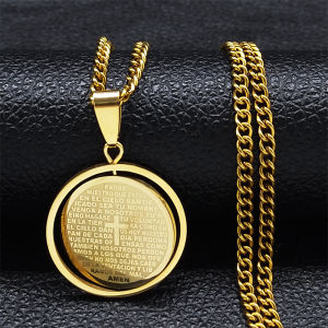 Christian Bible Lords Prayer Cross Pendant Necklace Stainless Steel Spanish Necklaces Religious Jewelry cordao masculino N2070