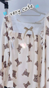 UNINICE Set piyama celana renda lengan panjang pakaian rumah leher persegi longgar beruang kartun