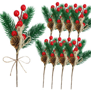 Yespery 10Pcs Giáng Sinh quả mọng đỏ Thân Cây Chi Nhánh quả mọng nhân tạo Với lá thông Và Cones Craft Vòng Hoa trang trí cây giáng sinh