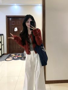 ต้น ฤดูใบไม้ร่วง ผู้หญิง 2024 ใหม่สีแดงถักบาง คาร์ดิเกน เสื้อสเวตเตอร์ สลิมฟิต สไตล์สั้น ฤดูใบไม้ผลิ ฤดูใบไม้ร่วง เสื้อท่อนบน สําหรับตัวเลขตัวเล็ก