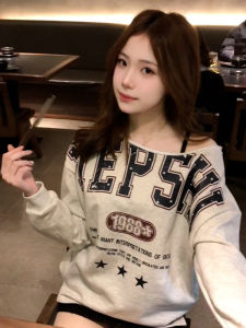 Áo Hoodie Phong Cách Đường Phố Mỹ Rộng Rãi in Chữ Tay Dài Mùa Thu Cho Nữ Thiết Kế Hở Vai Thoải Mái Thường Ngày