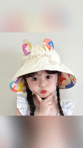 หมวกเด็กกันแดด แบบมีหูกระต่าย น่ารัก สวมได้ 2 ด้าน รุ่น candy พร้อมสายคล้องคอกันลม รอบศรีษะ 48-54 CM อายุประมาณ 2-12 ปี