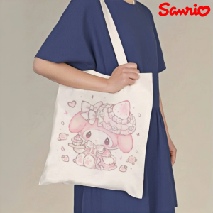Sanrio | 1pc My Melody Strawberry Print Canvas Tote Bag Double-Sided Printed Shoulder Shopper Reusable Handbag