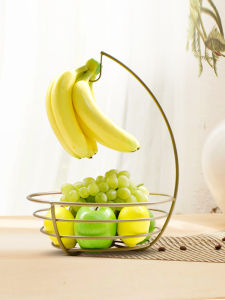 Modern European Double Layer Fruit Basket Large Capacity Draining Basket with Banana Hook for Living Room Simple Storage Plate