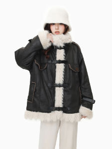 Elegant Suede Jacket Womens Loose Fit Zipper Closure Long Sleeve Stand Collar Fleece Lined Retro Hip Hop Winter Coat