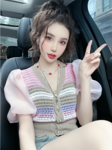 French Elegant Hollow out Knitted Cardigan Women Summer 2025 New Bubble Sleeve Rainbow Stripes Short Top Polyester Fiber