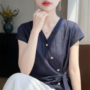 YUEXINYIRONG | French Style V-neck Irregular Waist Tied Blouse