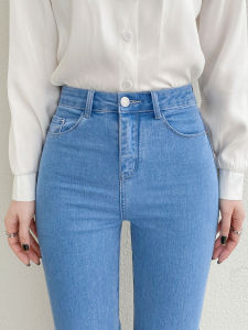 High Elasticity Womens Skinny Jeans Light Blue Pencil Pants High Waist Nine Points Spring Autumn New Style Slimming Cotton Stretch Denim