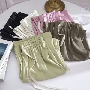 HoneyTopFashion---Women Drawstring High Waist Silk Straight Cut Wide Leg Pants Loose Comfortable ( S-2XL)