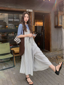 Korean Style Casual Loose Striped Bib Overalls Womens Summer New Slimming Nine Point Wide Leg Jumpsuit Comfortable Straight Leg Pants