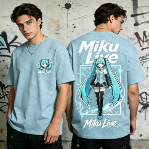 Bandai | Mens Shirt Hatsune Miku Live Graphic T-shirt Casual Short Sleeve Anime Tee Streetwear O-neck Loose Fit Tops for Kids Tshirt