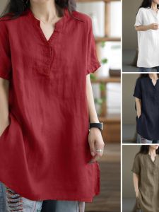 Cotton Linen V-Neck Short Sleeve Mid-Length Casual Dress for Plus Size Women Loose Fit Summer Work Clothing
