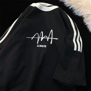 Loose Fit Mens T-Shirt Short Sleeve Pure Cotton Summer American Style Five-Quarter Sleeve Trendy Ins 3 Bars Printed Knitwear