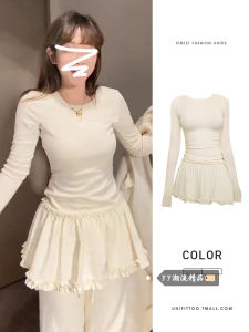 ชุดเดรสกระโปรงสั้นผู้หญิงฤดูใบไม้ร่วง ฤดูหนาว ชุดชั้นในแบบสวมคอตั้งแขนสั้น เอวเข้ารูป กระโปรงทรงเอ เดรสฤดูใบไม้ร่วง ฤดูหนาว