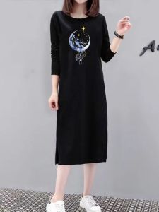 Pure Cotton Elegant 100.00kg Plus Size Plus Size Ladies Long Sleeve T-shirt Dress Early Autumn Womens New Slim Looking Belly Covering Dress
