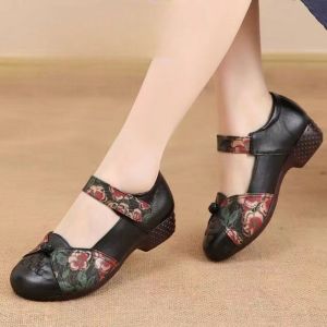 Da Bò 4Cm Của Phụ Nữ Giày đế thuyền Handmade phong cách dân tộc Retro Băng Dính Giày Thường