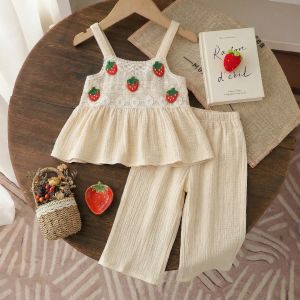 Melario | Summer New Beige Cute Girl Casual Suit Strawberry Lace Camisole Top+wide Leg Pants Two-piece Set Korean Version