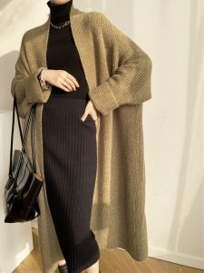 เสื้อสเวตเตอร์ถักหนาสำหรับผู้หญิง ทรงหลวม ปกเปิด ยาวคลุมเข่า แฟชั่นฤดูใบไม้ร่วง/ฤดูหนาว ผ้าผสมโพลีเอสเตอร์ อะคริลิก ไนลอน