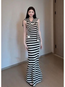 YUEZHONGWEI | Váy suông cổ chữ V không tay bằng lụa băng dệt kim màu tương phản cho nữ mùa hè váy bó sát váy dài hở lưng váy bó sát