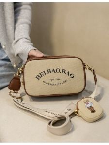 Embroidered Canvas Small Square Bag Womens Crossbody Shoulder Bag Wide Strap Camera Bag Cartoon Bear Mobile Phone Bag