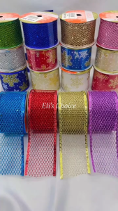 [1 ROLL] Pita Natal Motif Jaring Glitter Warna Warni Bahan Kawat Hiasan Pita Pohon Natal & Hampers