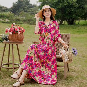 ชุดเดรสยาวผ้าไหมคอตตอนบางแขนยาวฤดูร้อนใหม่สำหรับคุณแม่ ชุดเดรสชายหาดแบบลำลอง ความยาวปานกลาง เอวหลวม กระโปรงทรงเอ