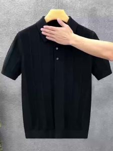 High-End Luxury Vertical Stripe Texture Short-Sleeved Polo Shirt Knitted Top for Men - Summer New Style Solid-Colored Collar Woo