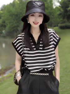 Summer New Womens Stripe V-Neck Short Sleeve T-Shirt Flip Collar Short Length Top Small Size Female Clothing Commute Style