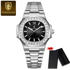 【With Box】POEDAGAR Brand Original Watches Fashion Mens Watches Luxury Brand Male Business Casual Luminous Calendar Stainless Steel Strap Quartz Waterproof Watches Clock Gifts 918G